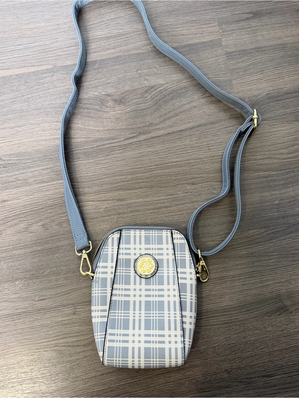 Pale Blue Plaid Crossbody Phone Bag with Gold Accent